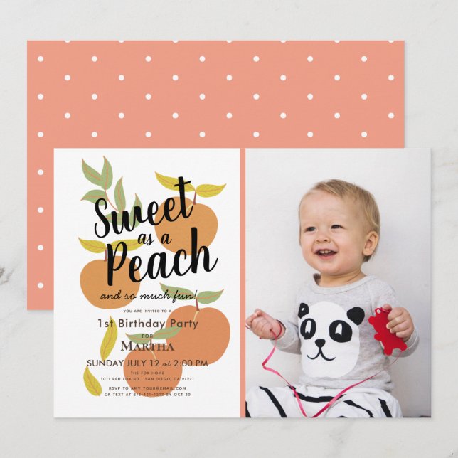 Sweet as a Peach Retro Girl Photo 1st Birthday Invitation (Front/Back)