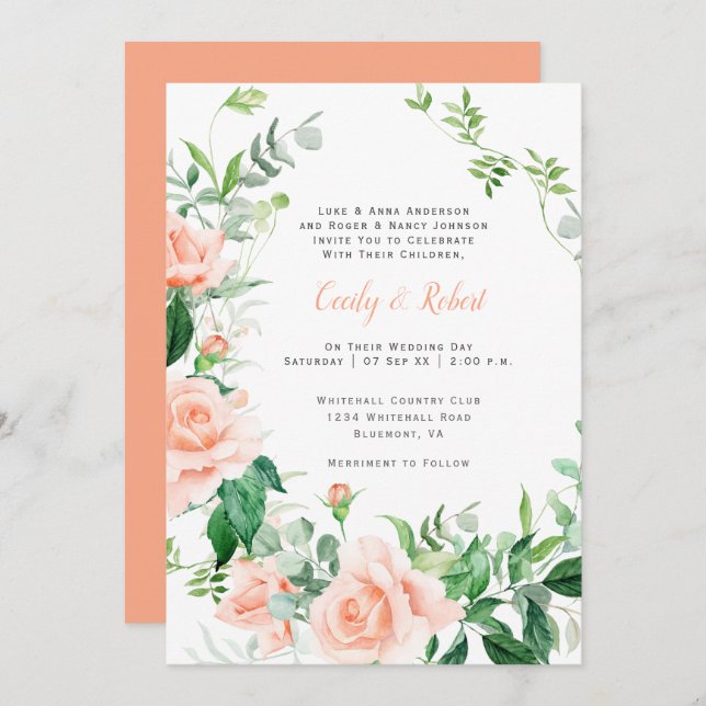 Sweet as a Peach Watercolor Roses Wedding Invitation (Front/Back)