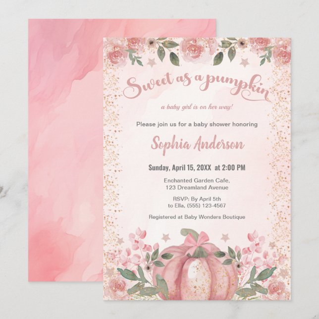 Sweet As A Pumpkin Pink Floral Girl Baby Shower Invitation (Front/Back)