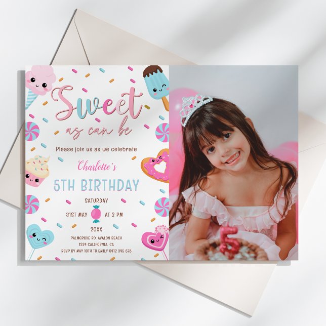 Sweet as Can Be Candy Cupcake Doughnut PhotoBirthd Invitation (Sweet as Can Be Candy Sweets Donut Ice Cream Cupcake Photo Birthday Invitation)
