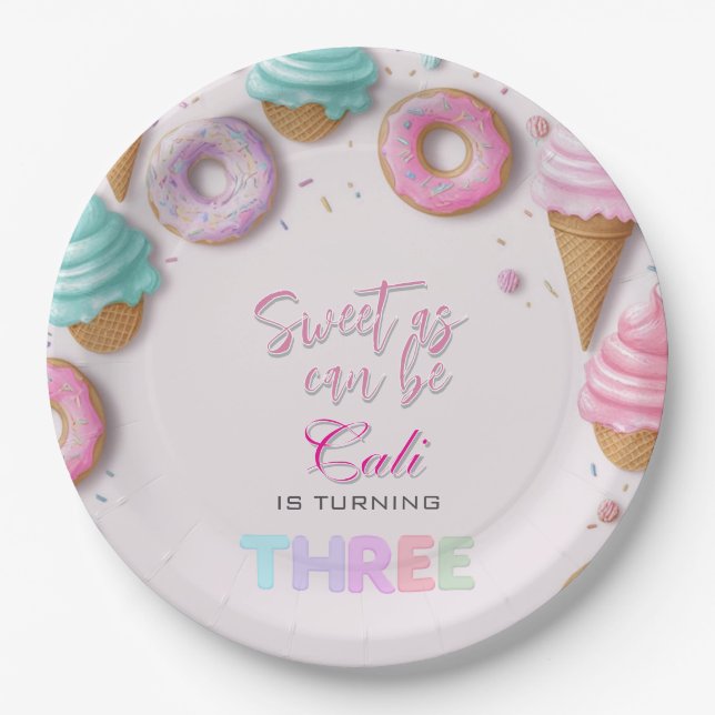 Sweet As Can Be Girl Is Turning 3rd Birthday Paper Plate (Front)