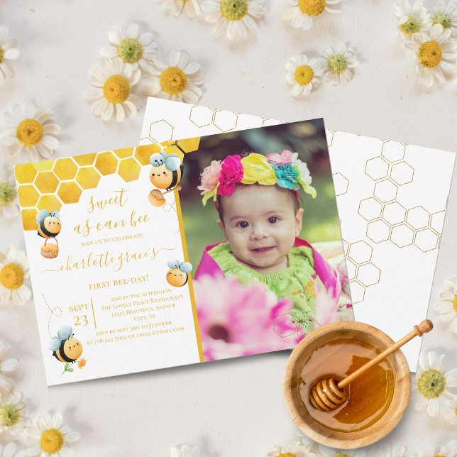 Sweet As Can Bee Any Age Photo Birthday  Invitatio Invitation (Creator Uploaded)