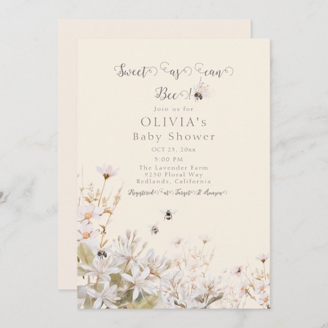 Sweet as can Bee Baby Shower Invitation (Front/Back)