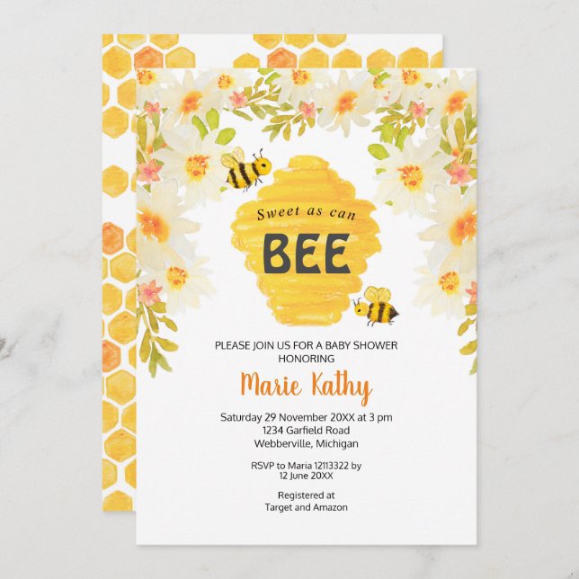 Sweet As Can Bee Baby Shower Invitation (Front/Back)