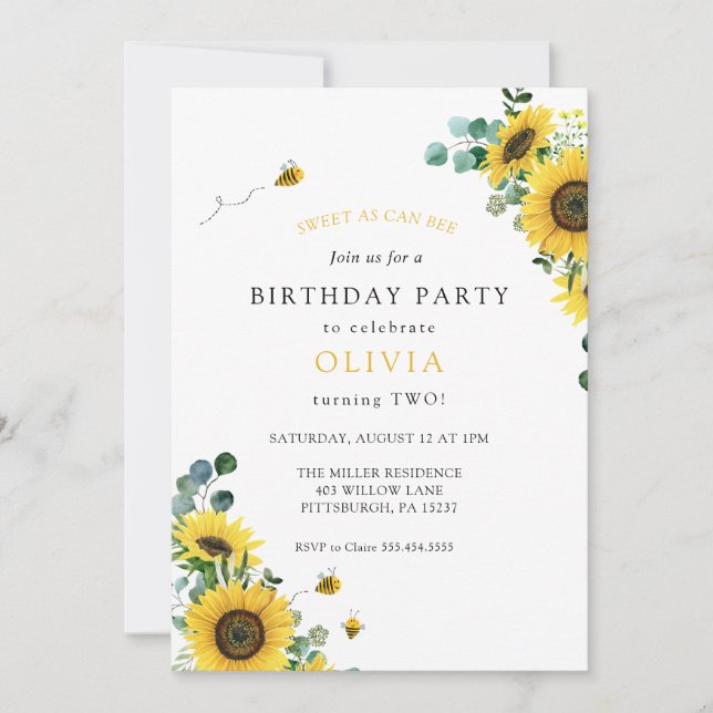 Sweet as can Bee Birthday Invitation (Front)