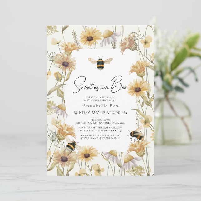 Sweet as can Bee Chamomile & Daisies Baby Shower Invitation (Standing Front)