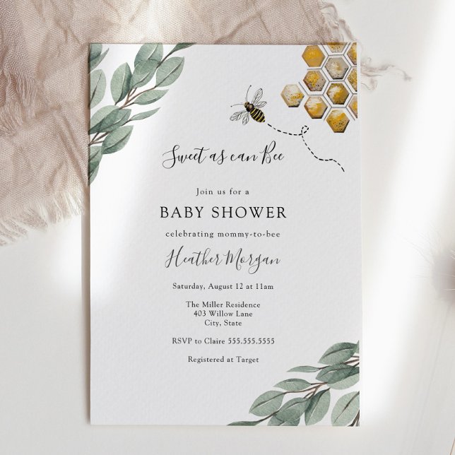 Sweet as can Bee Eucalyptus Baby Shower Invitation (Creator Uploaded)