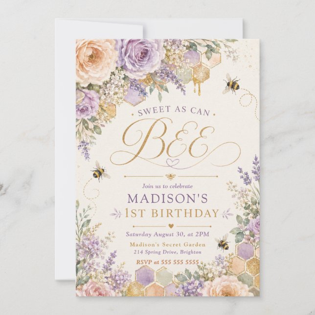 Sweet As Can Bee First Birthday Invitation (Front)