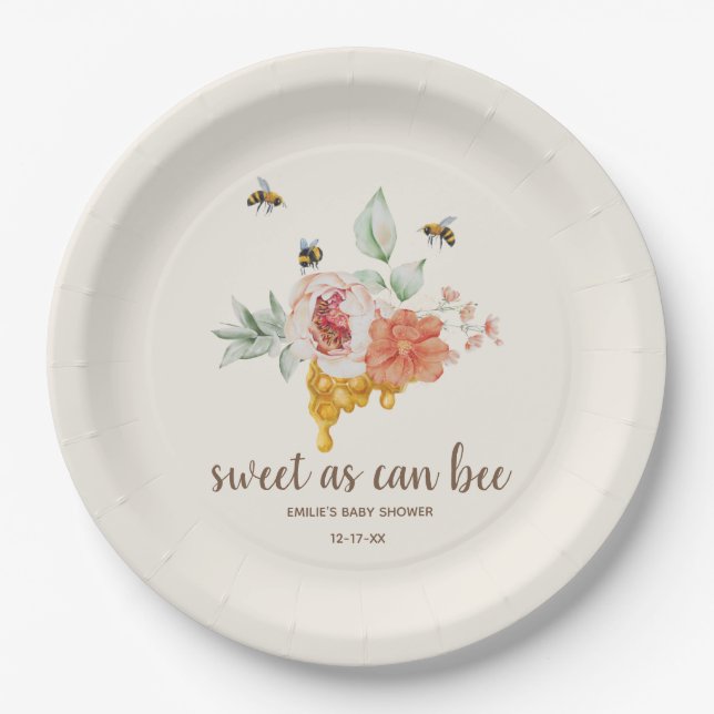 Sweet As Can Bee Floral Honeycomb Baby Shower Favo Paper Plate (Front)