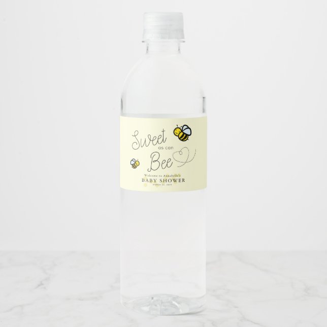 Sweet as can Bee Honey Bee Yellow Baby Shower Water Bottle Label (Front)