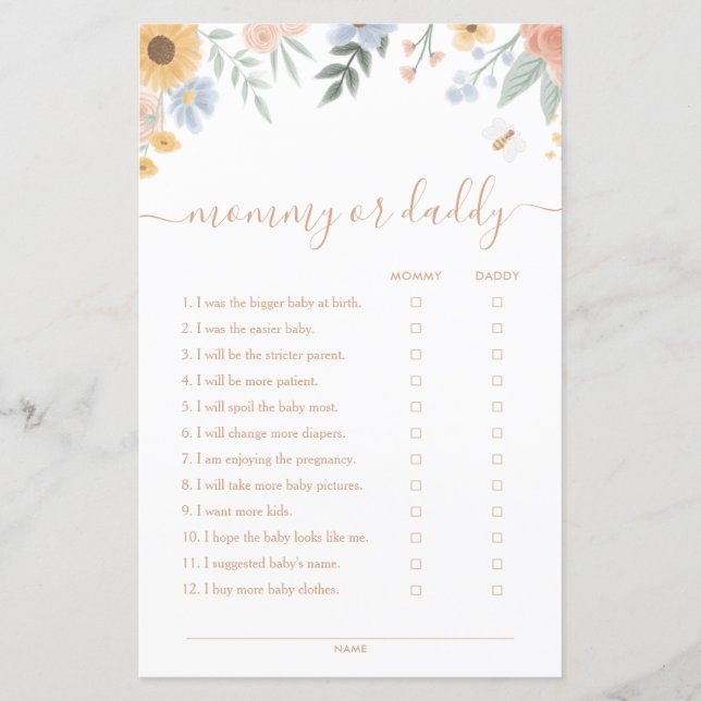 Sweet as Can Bee Mummy or Daddy Baby Shower Game (Front)