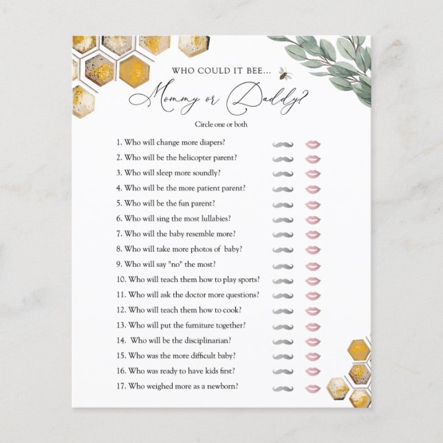 Sweet as Can Bee Mummy or Daddy Baby Shower Game (Front)