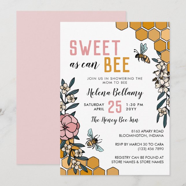 Sweet as can Bee Pink Floral Honey Baby Shower Invitation (Front/Back)