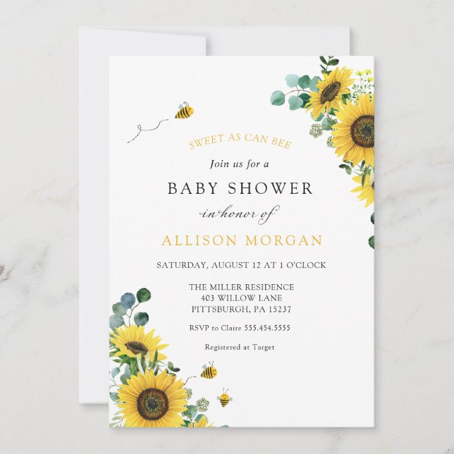 Sweet As Can Bee Sunflower Baby Shower Invitation (Front)
