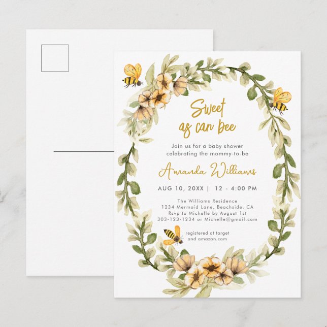 Sweet As Can Bee Watercolor Baby Shower Invitation Postcard (Front/Back)
