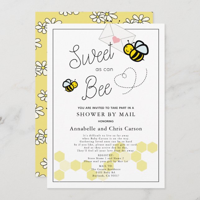 Sweet as can Bee White Baby Shower By Mail Invitation (Front/Back)
