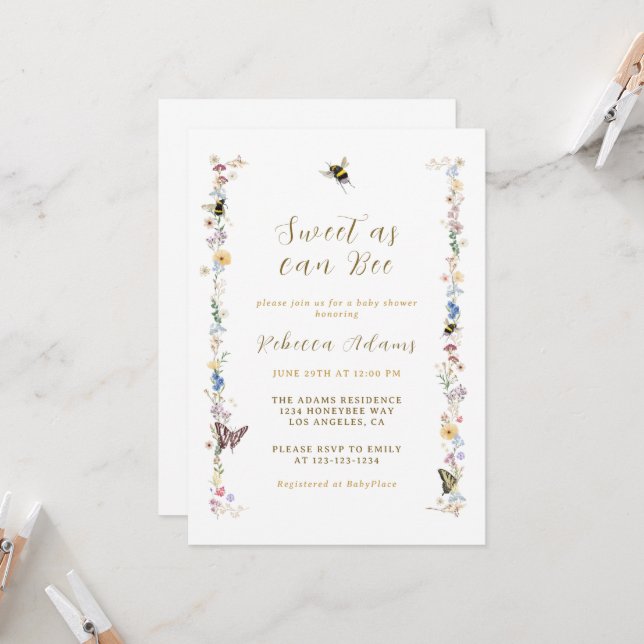 Sweet as can Bee Wildflower Baby Shower Invitation (Front/Back In Situ)