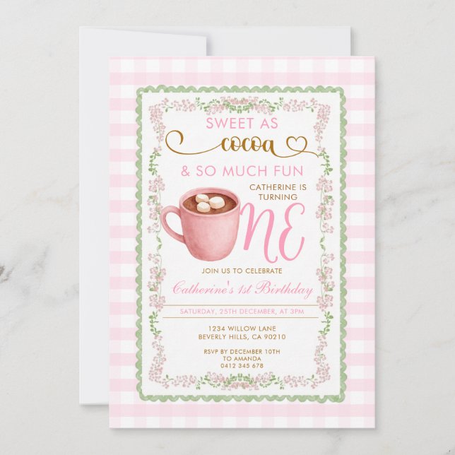 Sweet as Cocoa Pink Gingham First Birthday  Invitation (Front)