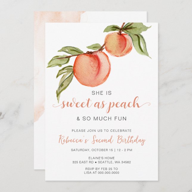Sweet as Peach Girl Birthday Invitation (Front/Back)