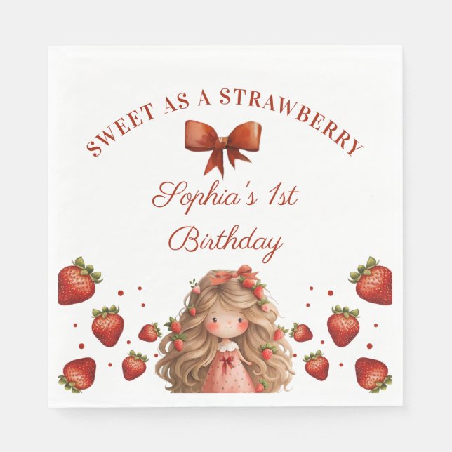 Sweet As Strawberry Girl Happy Birthday Party Napkin (Front)