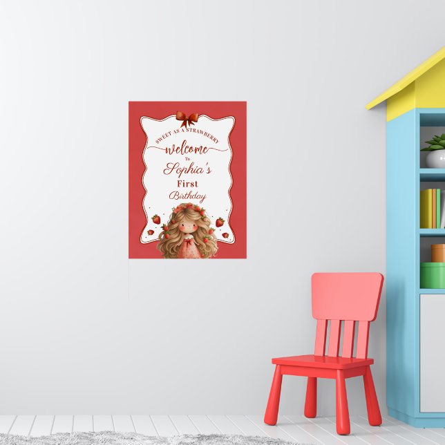 Sweet As Strawberry Girl Watercolor Birthday  Poster (Nursery 1)