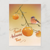 Sweet Autumn Cute Orange Persimmon Fruits & Bird 