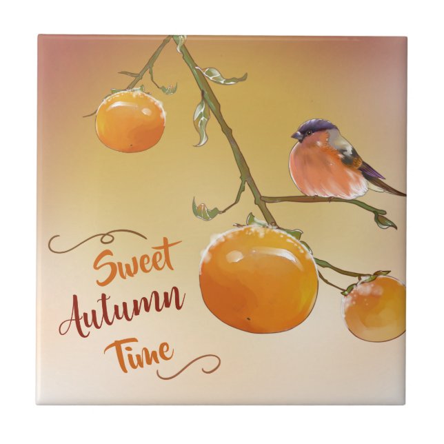 Sweet Autumn Cute Orange Persimmon Fruits & Bird  Tile (Front)
