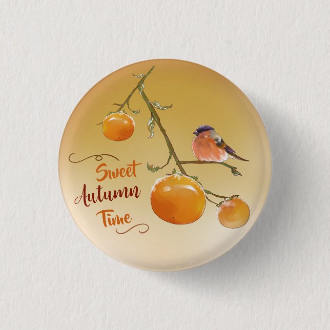 Sweet Autumn Orange Persimmon Fruits & Bird  3 Cm Round Badge (Front)