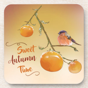 Sweet Autumn Orange Persimmon Fruits & Bird Coaster