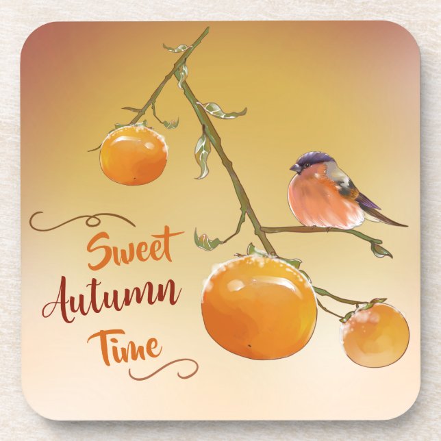 Sweet Autumn Orange Persimmon Fruits & Bird Coaster (Front)