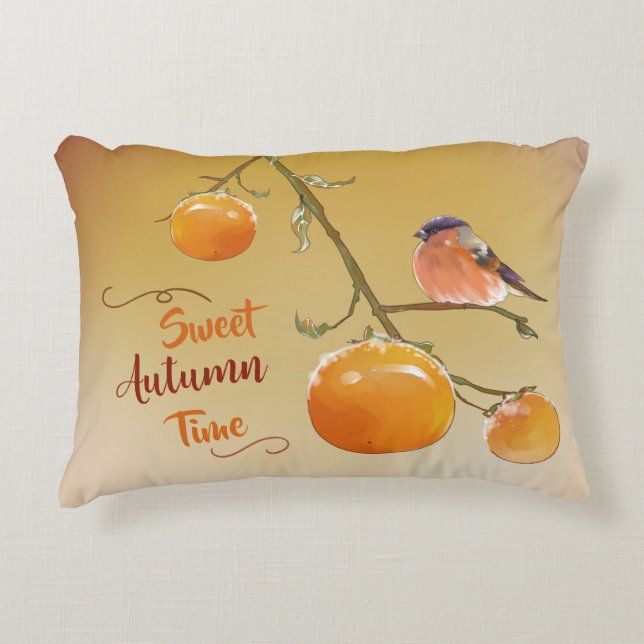 Sweet Autumn Orange Persimmon Fruits & Bird Decorative Cushion (Front)