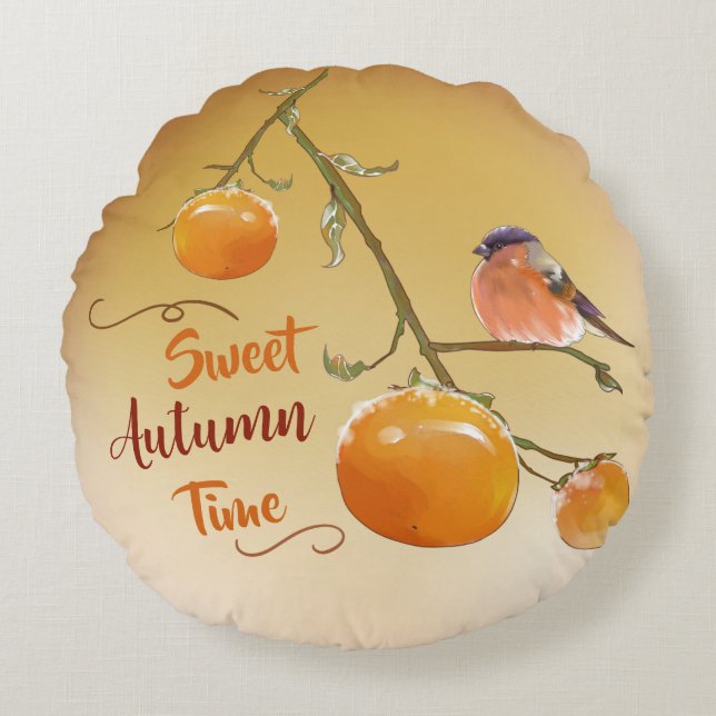 Sweet Autumn Orange Persimmon Fruits & Bird Round  Round Cushion (Front)