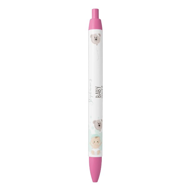 Sweet Baby and Bear Balloon Baby Shower Black Ink Pen (Front Vertical)