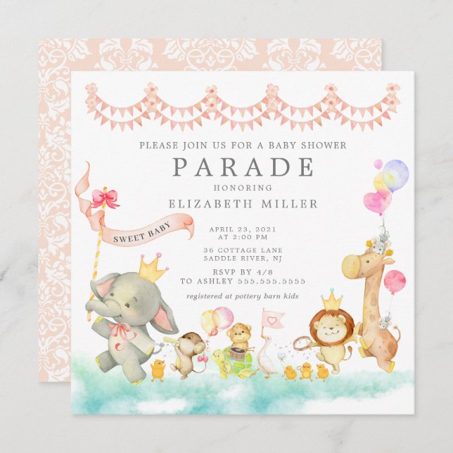 Sweet Baby Animals Parade Baby Shower Invitation (Front/Back)