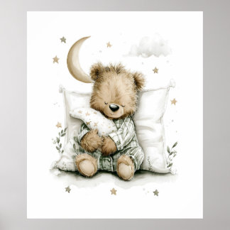 Sweet baby bear fast asleep on fluffy clouds poster