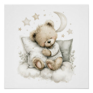 Sweet baby bear fast asleep on fluffy clouds poster