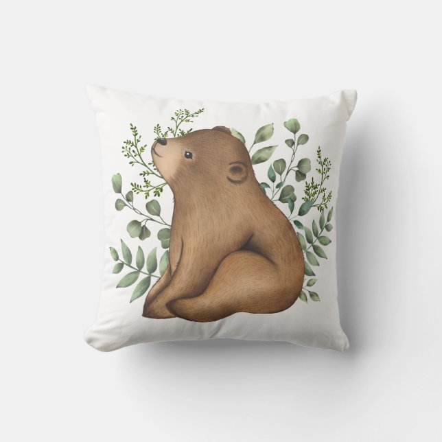 Sweet Baby Bear Woodland Forest Greenery Nursery Cushion (Front)