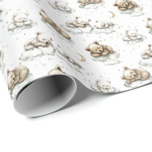 Sweet baby bears fast asleep on fluffy clouds wrapping paper