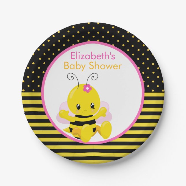 Sweet Baby Bee Girl Baby Shower Paper Plate (Front)
