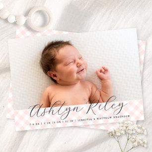 Sweet Baby Blue Gingham Pattern Birth Announcement