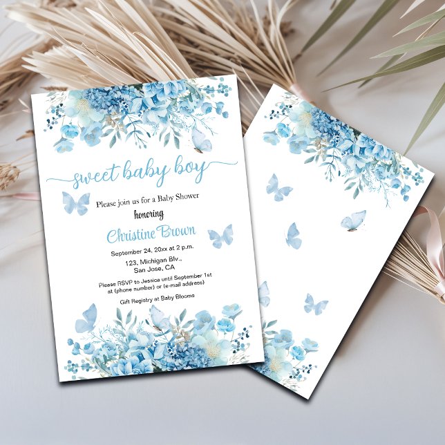 Sweet Baby Boy Blue Floral Baby Shower Invitation (Creator Uploaded)