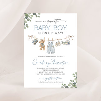 Sweet Baby Boy Clothesline Boho Baby Shower Invitation