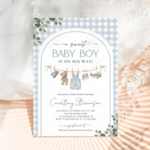 Sweet Baby Boy Clothesline Gingham Baby Shower Invitation