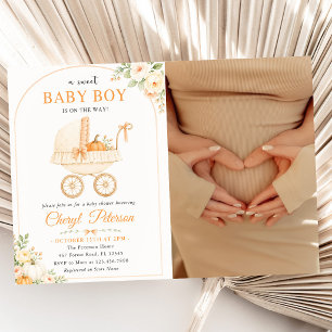 Sweet Baby Boy Fall Pumpkin Baby Shower Photo Invitation