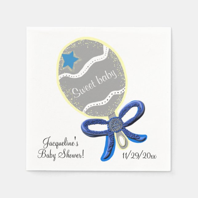 Sweet Baby Boy Rattle Blue Bow Baby Shower Napkin (Front)
