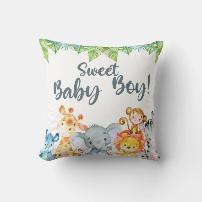 Sweet Baby Boy safari animals baby shower pillow. Cushion (Front)