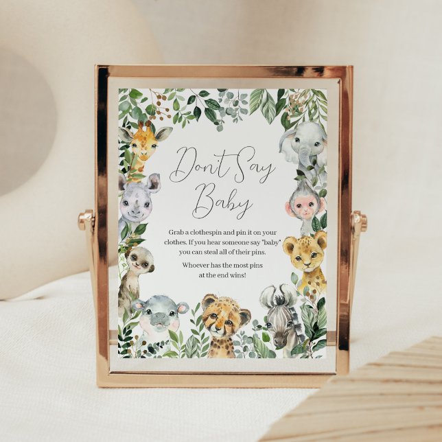 Sweet Baby Boy Safari Baby Shower Don't Say Baby Poster (Greenery Safari Animals Baby Shower Don't Say Baby Sign)