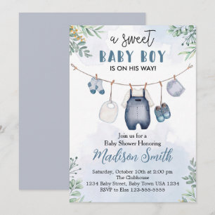 Sweet Baby Boy Shower Invitation Blue Denim Set