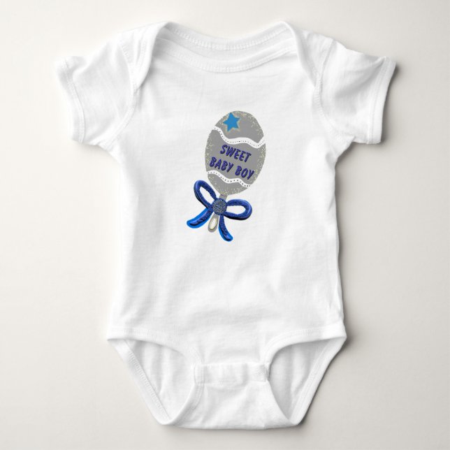 Sweet Baby Boy Silver Blue Rattle  Baby Bodysuit (Front)