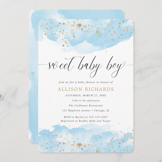 Sweet baby boy watercolor blue gold shower invitation (Front/Back)